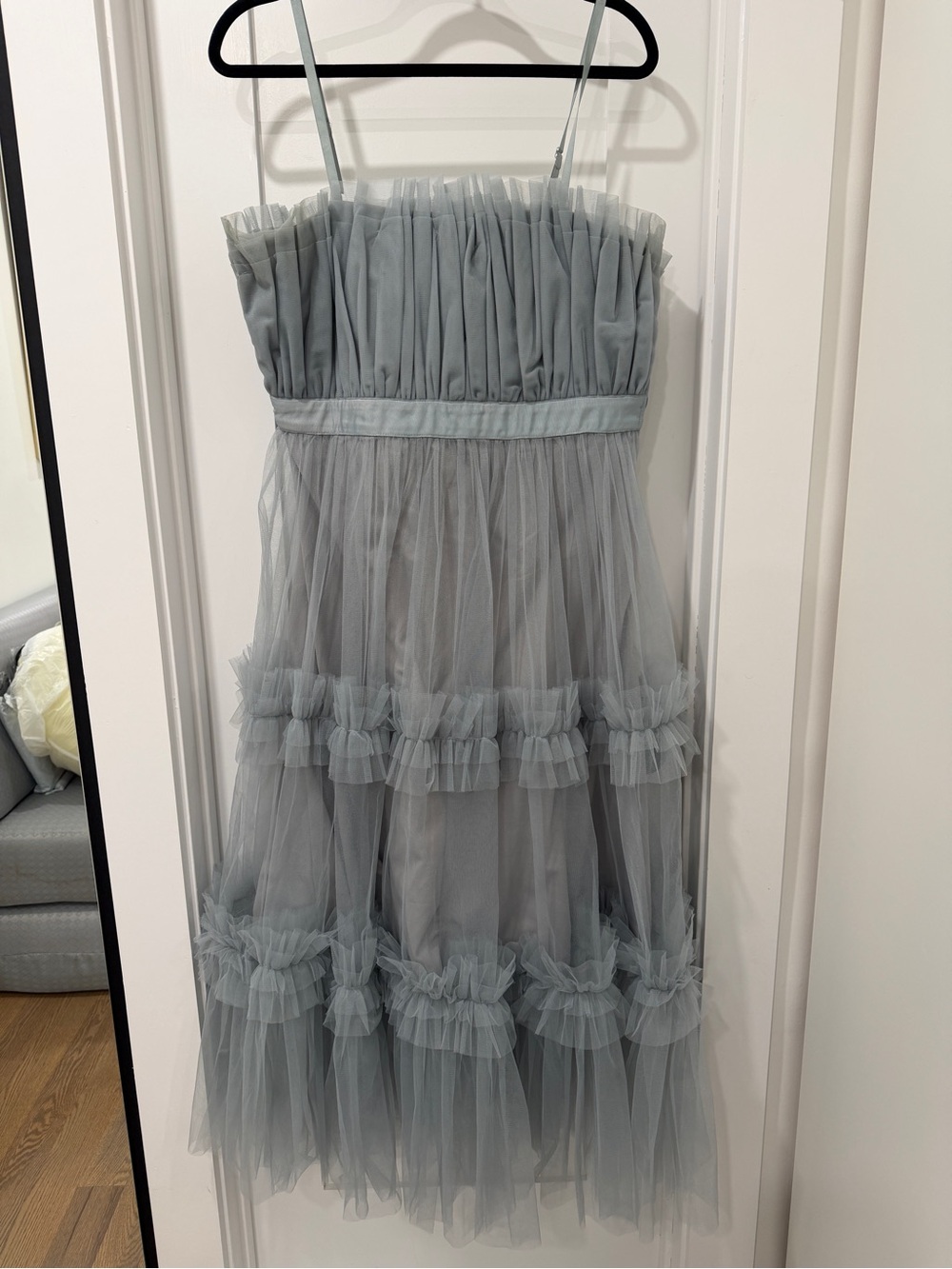 Karen Millen Dusty Blue Tulle Ruffle Strap Dress